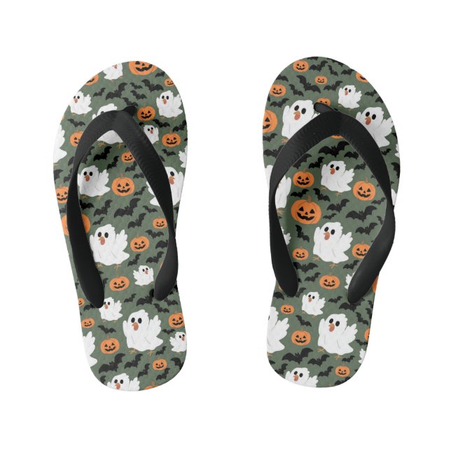 Spooky Cute Ghost Chickens with Pumpkins and Bats  Kid's Thongs (Footbed)