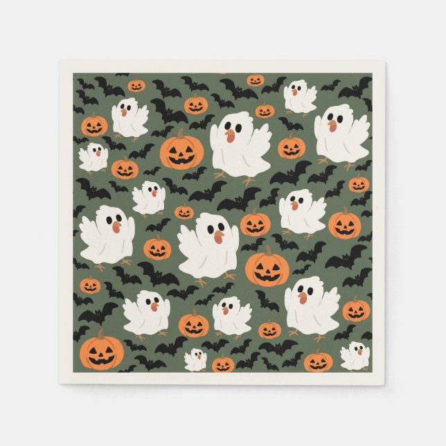 Spooky Cute Ghost Chickens with Pumpkins and Bats Napkin (Front)