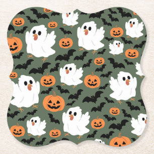 Spooky Cute Ghost Chickens with Pumpkins and Bats  Paper Coaster