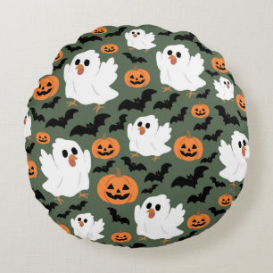 Spooky Cute Ghost Chickens with Pumpkins and Bats Round Cushion