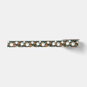 Spooky Cute Ghost Chickens with Pumpkins and Bats Satin Ribbon