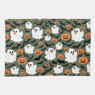 Spooky Cute Ghost Chickens with Pumpkins and Bats Tea Towel