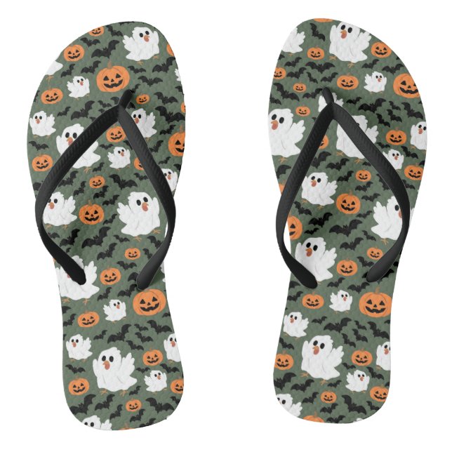 Spooky Cute Ghost Chickens with Pumpkins and Bats  Thongs (Footbed)