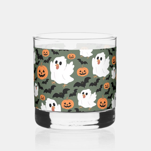 Spooky Cute Ghost Chickens with Pumpkins and Bats Whiskey Glass (Front)