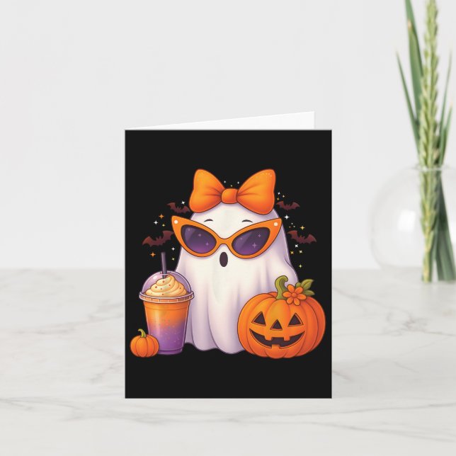 Spooky Cute Ghost Drinking Pumpkin Iced Coffee Hal Card (Front)