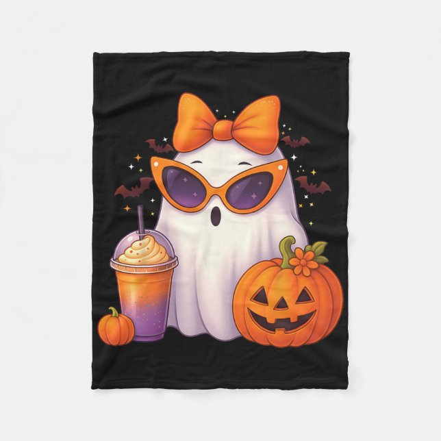Spooky Cute Ghost Drinking Pumpkin Iced Coffee Hal Fleece Blanket (Front)