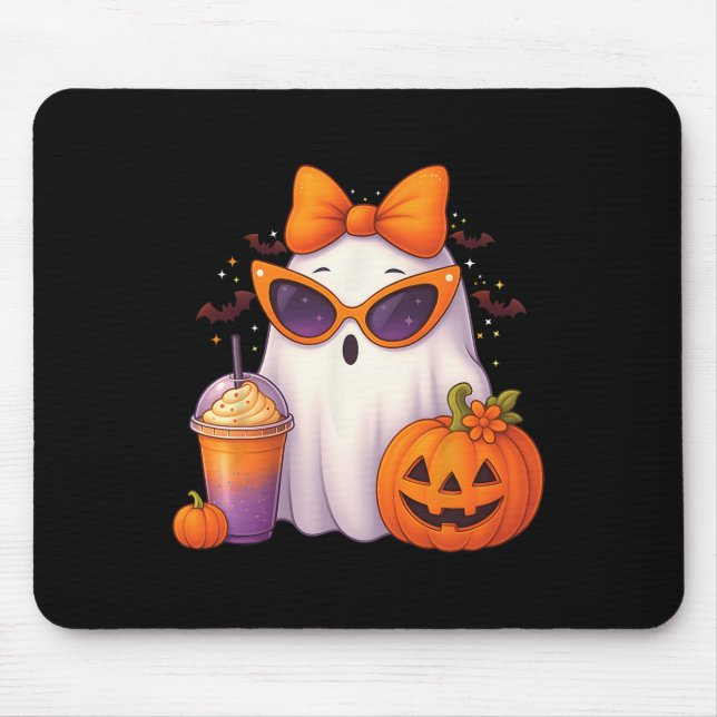 Spooky Cute Ghost Drinking Pumpkin Iced Coffee Hal Mouse Pad (Front)