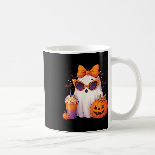 Spooky Cute Ghost Drinking Pumpkin Iced Coffee Hal Mug (Right)