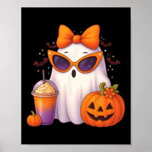 Spooky Cute Ghost Drinking Pumpkin Iced Coffee Hal Poster