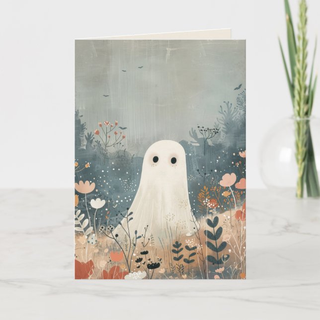 Spooky Cute Ghost Floral Happy Halloween Card (Front)
