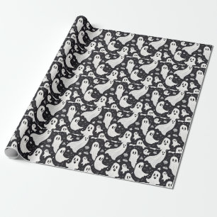 Spooky Cute Ghost Halloween Black White Wrapping Paper