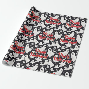 Spooky Cute Ghost Halloween Black White Wrapping Paper
