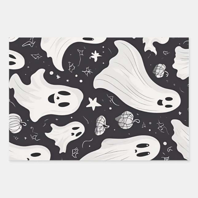 Spooky Cute Ghost Halloween Black White Wrapping Paper Sheet (Front)