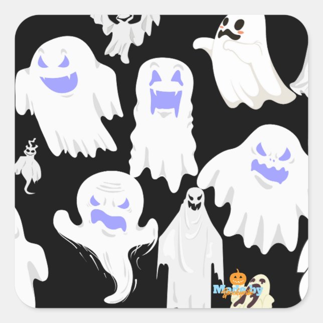 Spooky Cute Ghost Illustration Pattern – Halloween Square Sticker (Front)