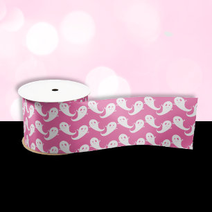 Spooky Cute Ghost Pattern Pink Halloween Ribbon Satin Ribbon