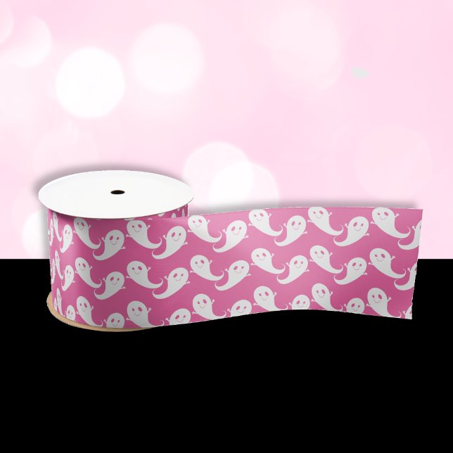 Spooky Cute Ghost Pattern Pink Halloween Ribbon Satin Ribbon (Creator Uploaded)