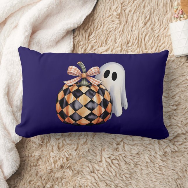 Spooky Cute Ghost Peek Halloween T-Shirt, Checkere Lumbar Cushion (Blanket)