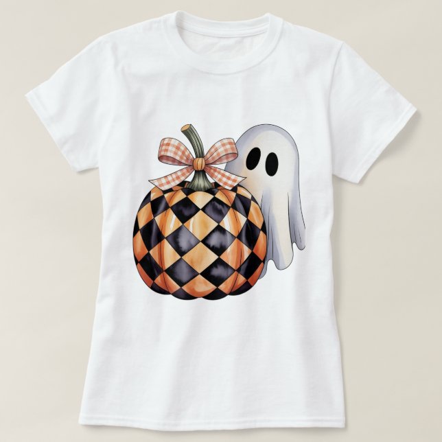Spooky Cute Ghost Peek Halloween T-Shirt, Checkere T-Shirt (Design Front)