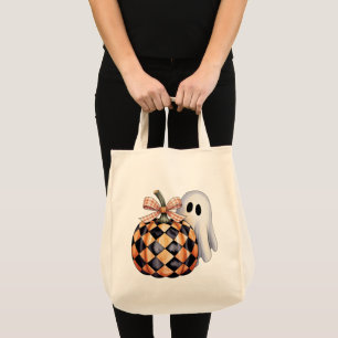 Spooky Cute Ghost Peek Halloween T-Shirt, Checkere Tote Bag