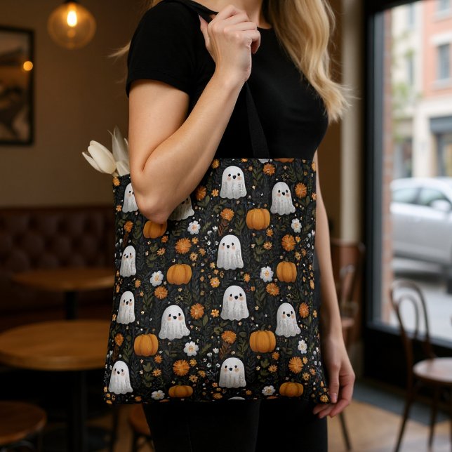 Spooky Cute Ghost & Pumpkin Pattern Halloween Tote Bag (Creator Uploaded)
