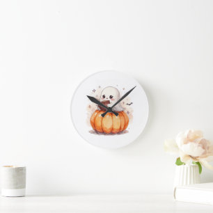 Spooky Cute Ghost Reading – Cosy Halloween Pumpkin Round Clock
