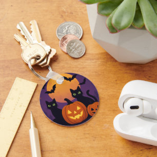 Spooky Cute Halloween Black Cats & Pumpkins Key Ring
