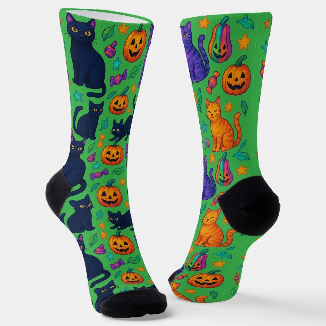 Spooky Cute Halloween Cat & Pumpkin Crew Socks (Angled)