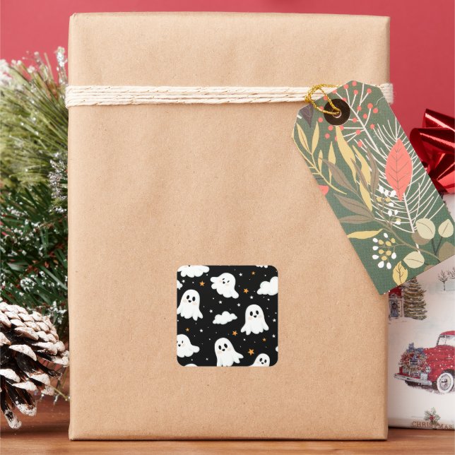 Spooky Cute Halloween Ghost Cloudy Star Sky Square Sticker (Holiday)