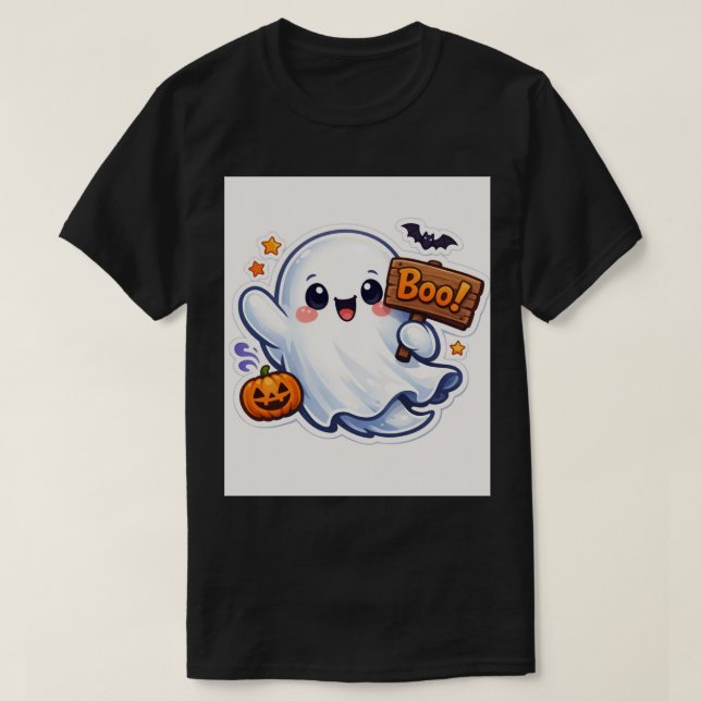 Spooky-Cute Halloween Ghost Sticker T-Shirt (Design Front)