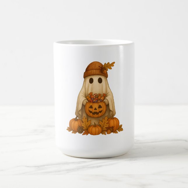 Spooky Cute Halloween Ghost with Pumpkin Candy Coffee Mug (Center)