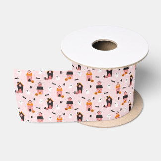 Spooky Cute Halloween Haunted Houses Pattern Satin Ribbon