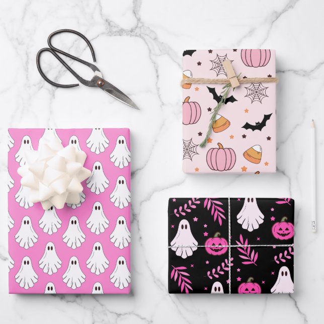 Spooky Cute Halloween Pink & Black Pattern Wrapping Paper Sheet (Front)