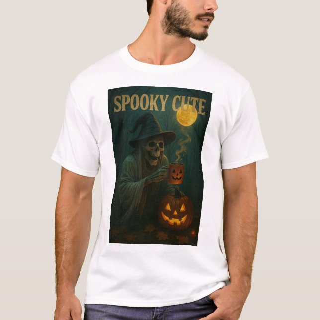 Spooky Cute Halloween Skeleton With Pumpkin & Coff T-Shirt (Front)