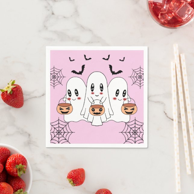 Spooky Cute Kawaii Cartoon Ghost Halloween Party Napkin (Insitu)