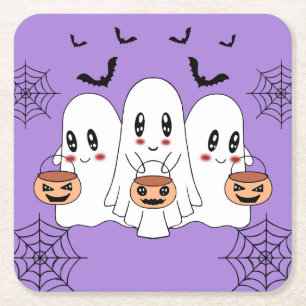 Spooky Cute Kawaii Cartoon Ghost Halloween Party Square Paper Coaster