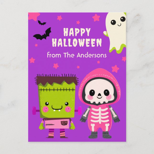 Spooky Cute Monster Mash Happy Halloween Purple  Postcard (Front)