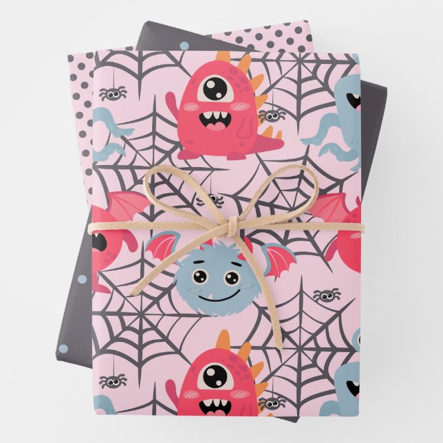 Spooky Cute Monsters Wrapping Paper Sheet (In situ)