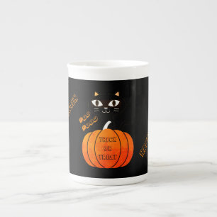 Spooky Cute Orange Black Cat Pumpkin Halloween Bone China Mug