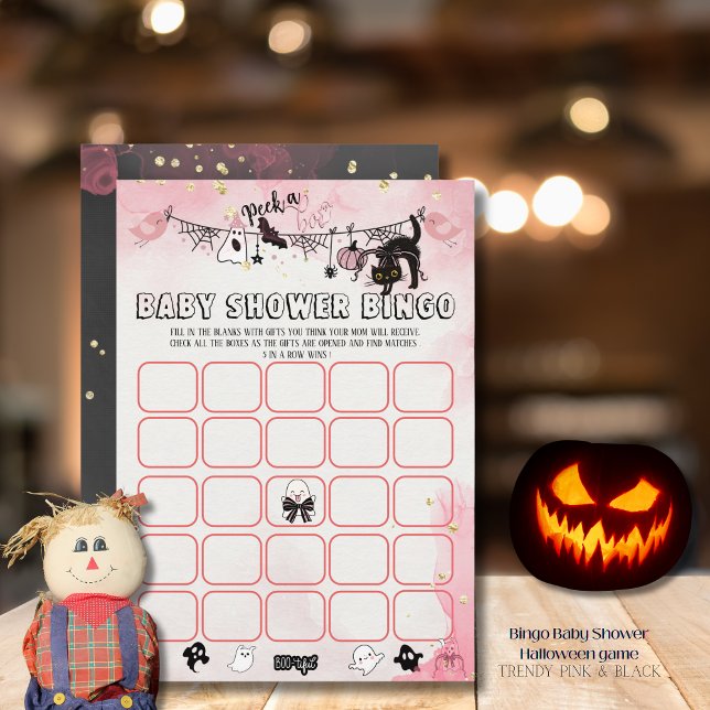 Spooky-Cute Pink & Black Baby Shower Bingo Game Invitation (Spooky-Cute Pink & Black Baby Shower Bingo Game Invitation)