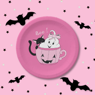 Spooky Cute Pink Halloween Paper Plate - Ghost Cat