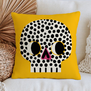 Spooky Cute Polka Dotted Skull Yellow Halloween Cushion