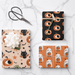 Spooky Cute Pumpkin Ghost Bat Pattern Halloween  Wrapping Paper Sheet