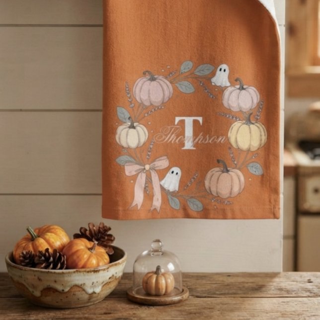 Spooky Cute Pumpkin Ghost Fall Monogram Hand Towel (Creator Uploaded)