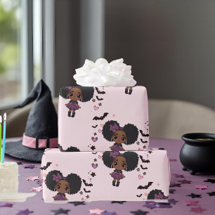 Spooky cute purple  girl afro-puff pattern wrapping paper