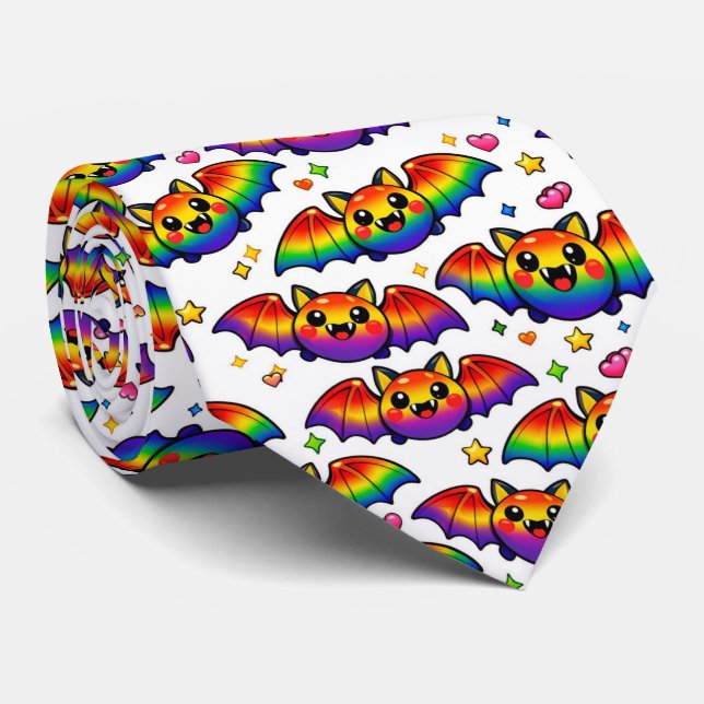 🦇🌈 Spooky Cute Rainbow Bats Tie (Rolled)