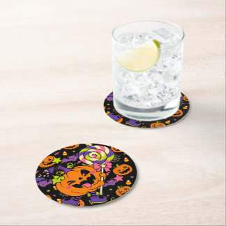Spooky Cute Retro Kawaii Halloween Candy Pumpkins Round Paper Coaster