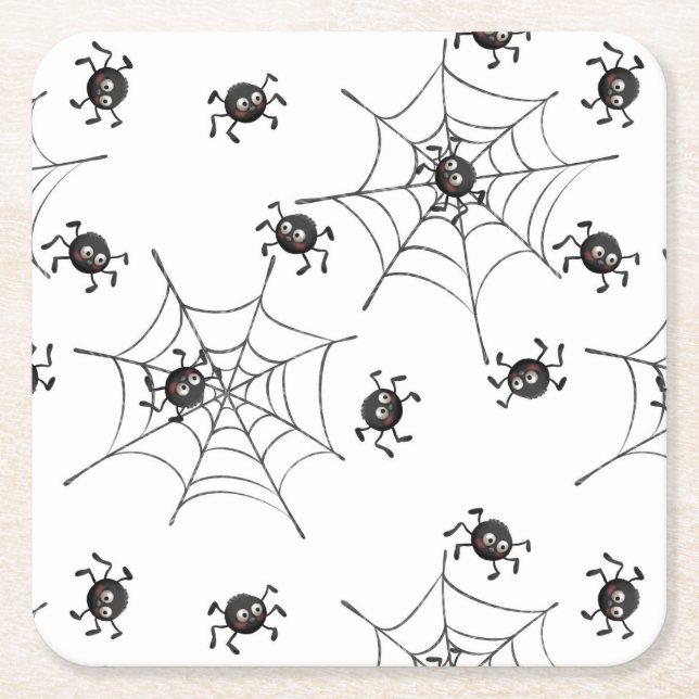 Spooky Cute Spiders & Webs Square Paper Coaster (Front)