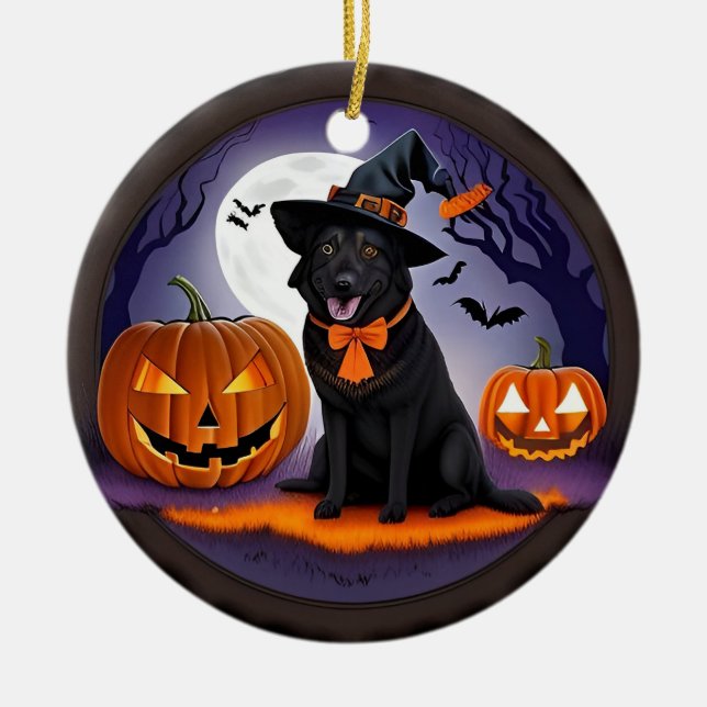 🧙‍♀️🐶 Spooky Cute Witch Dog & Pumpkin Night ✨🎃 Ceramic Ornament (Front)