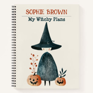 Spooky Cute Witch& Pumpkins Watercolor Halloween Notebook