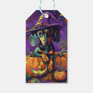 Spooky Dachshund Dog Halloween Witch And Pumpkin  Gift Tags